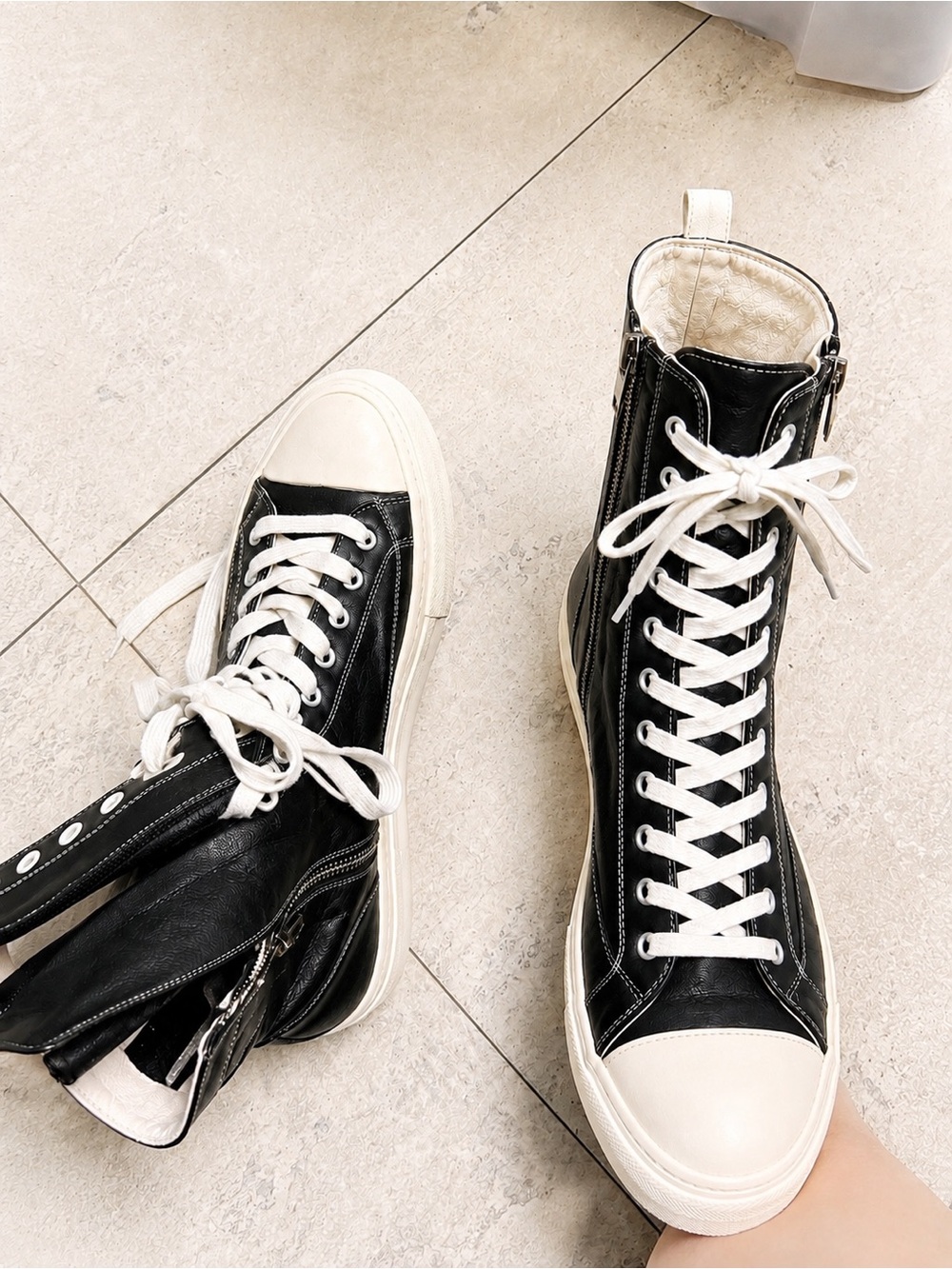 Black Leather High-Top Side Zip Lace-Up Sneakers